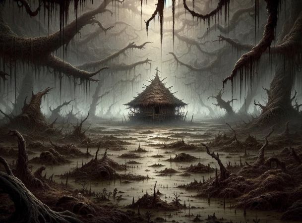 La cabana d'una bruixa en un aiguamoll fangós del pla