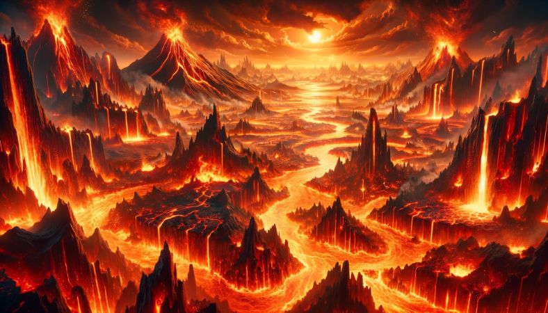 A river of liquid flame, drifting between patches of an abrupt terrain of compressed flames